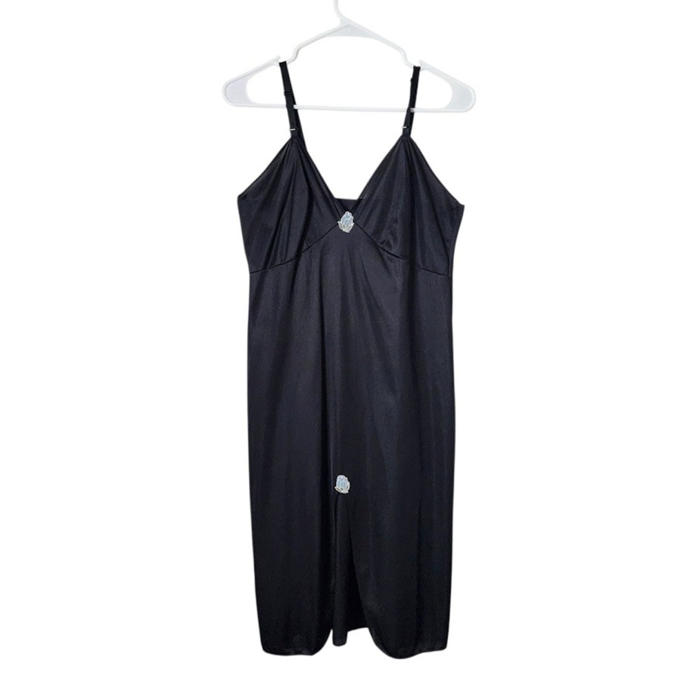 VINTAGE Black Nylon‎ Slip Dress with Blue Floral Rose Appliqué Detail
